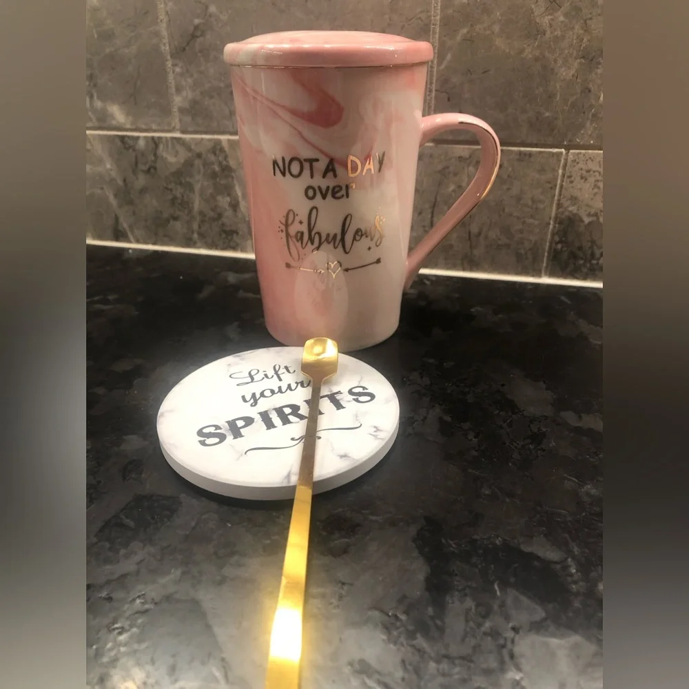 “Not A Day Over Fabulous”Pink Marbled Mug w/ “Lift Your Spirits Coaster”
